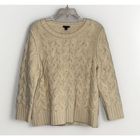 Ann Taylor Wool Angora Sweater Thick Cable Knit Ivory Pearl Rabbit Hair Size XL - Picture 4 of 16